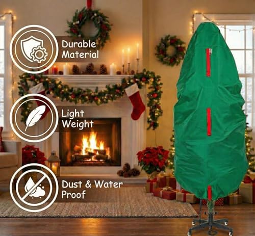 Upright Christmas Tree Storage Bag - Fits 9 Ft Artificial Xmas & Topiary Tree, Vertical Holiday Cover, Durable, Dustproof & Easy-Use Xmas Storage, Green