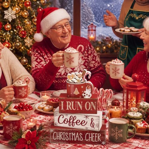 Lineshading 4 Pcs Christmas Coffee Table Decor Hot Chocolate Cocoa Wooden Stacked Sign Rustic Christmas Tiered Tray Decor Cocoa Centerpiece Block Signs Gift Xmas Decoration for Home Coffee Bar Kitchen