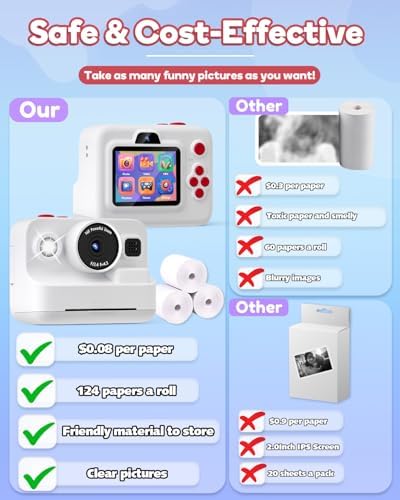Dylanto Instant Print Camera for Kids,2.4 Inch Screen Kids Instant Cameras, Christmas Birthday Gifts for Girls Age 3-12, Portable Toddler Toy for 3 4 5 6 7 8 9 10 Year Old Girls Boys White