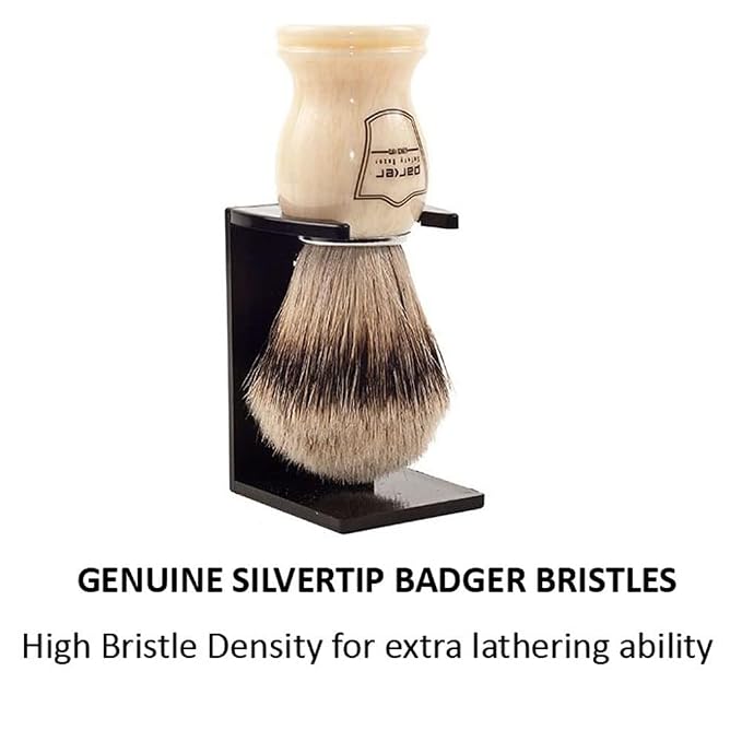 Parker Silvertip Badger Shaving Brush – Faux Ivory Resin Handle & Stand | 22mm Soft Knot for Rich Lather | Handcrafted Wet Shaving Brush for Soaps & Creams | Premium Grooming Tool