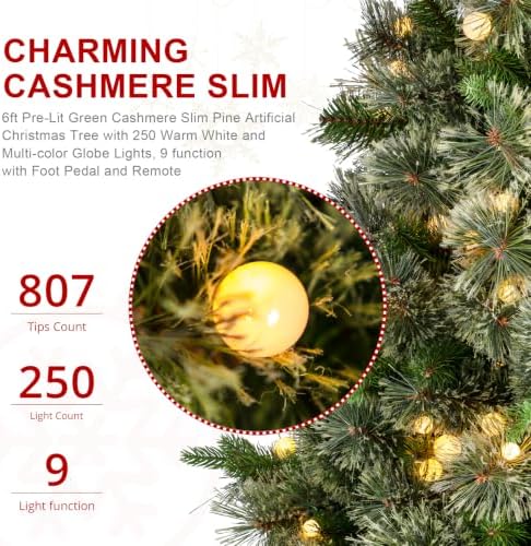 Glitzhome Prelit Christmas Tree, 6ft Artificial Small Christmas Tree Charming Cashmere Slim Pine with 250 Warm White and Multi-Color Globe LED Lights, 9 Function w/Foot Pedal and Remote Control