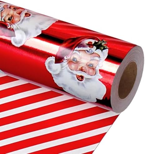 LaRibbons Vintage Santa Foil Christmas Wrapping Paper, Candy Cane Stripe