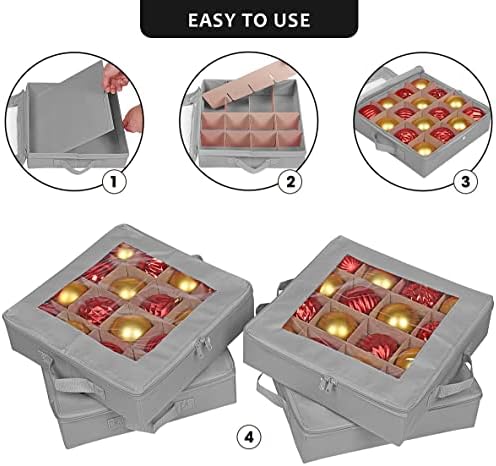 ProPik 4 Pcs Christmas Ornament Storage Boxes with Dividers, Transparent Top Zipper Closure, 4 Individual Ornament Holder Trays, Keeps 64 Holiday Ornaments, Ornament Organizer Storage Box (Gray)