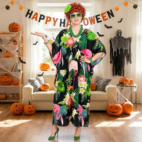 Halloween Women Landlady Costume Caftan Dress Curly Wig Jewelry & Sunglass