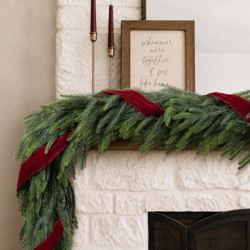 Christmas Decor - 6FT Norfolk Pine Garland with Ribbon Bows Red Velvet