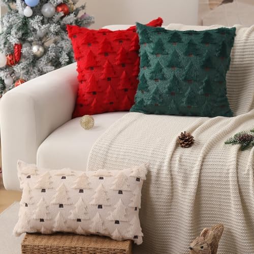 Allorry Christmas Pillow Covers 18x18 inch Set of 2 Christmas Decorations Soft Plush Faux Fur Wool Red Christmas Tree Throw Pillow Cases Winter Holiday Decor for Sofa Living Room PT002B18