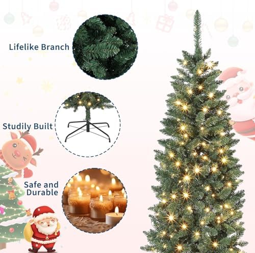GarveeHome 6 ft Pencil Christmas Tree,Artificial Pre-Lit Christmas Tree,Realistic Xmas Tree Artificial Holiday Decoration for Indoor and Outdoor Use