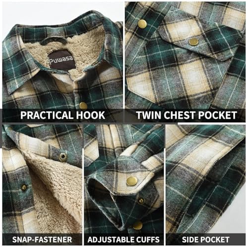 Men's Sherpa Cotton Flannel Shirt Jacket Plaid Button Coat Pocket