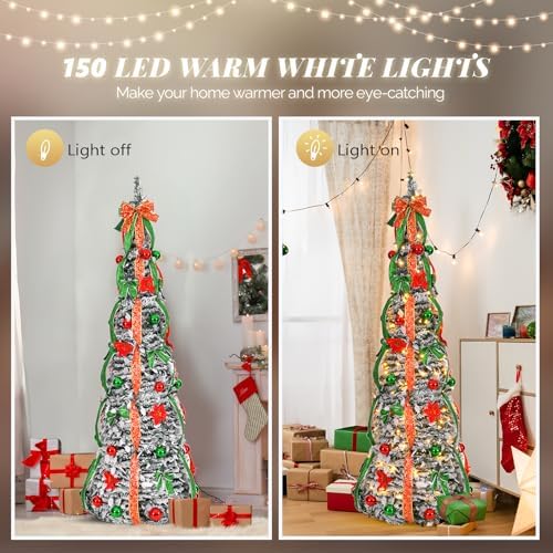 VINGLI 6ft Pre-Lit Pop Up Christmas Tree with 150 Lights, Fully Decorated Flocked Pencil Collapsible Tree for Holiday Party Decorations (Red & Green)