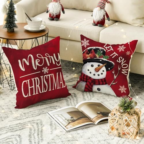 AVOIN colorlife Merry Christmas Let It Snow Snowman Red Throw Pillow Covers, 20 x 20 Inch Xmas Tree Holiday Cushion Case Decoration for Sofa Couch Set of 4