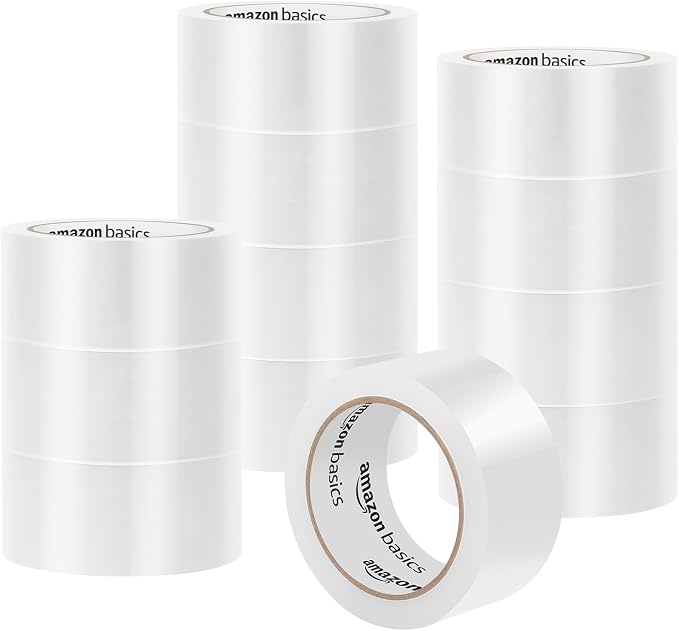 Amazon Basics Strong Plastic Adhesive Packing Tape for Shipping, Sealing Boxes, Moving and Storage, Clear, Low Odor, 1.88 in x 54.6 yds, 12-Pack