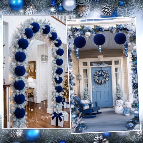 Threan 8 Inch Large Blue Velvet Christmas Ball Ornaments for Christmas Tree