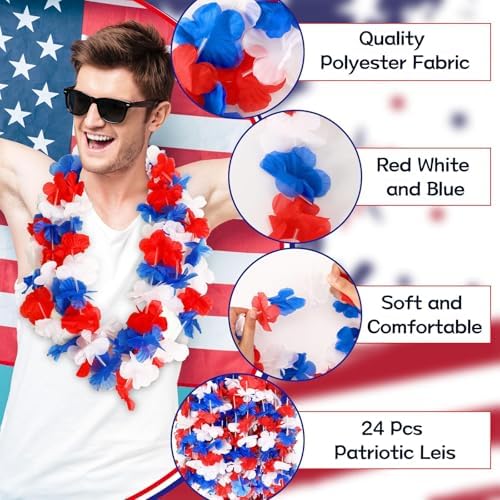 JUNEBRUSHS 24Pcs Patriotic Red White and Blue Leis 4th of July Accessories
