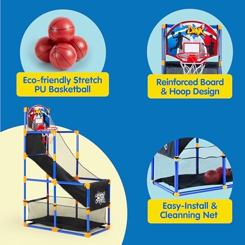 JOYIN Arcade Basketball Game Set with 4 Balls and Hoop for Kids 3+ Years Old Indoor Outdoor Sport Play - Easy Set Up - Air Pump Included - Ideal for Competition