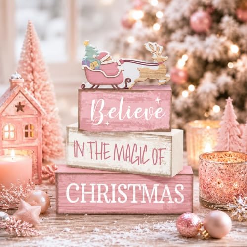 Moucuny 4 Pcs Christmas Table Decoration Pink Santa Sleigh Stacked Wooden Sign Decor Christmas Tiered Tray Decor Decorative Santa Claus Elk Block Sign Gift Farmhouse Xmas Centerpiece for Home Kitchen