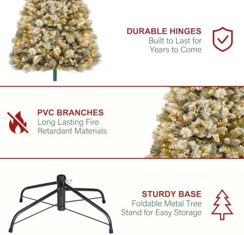 Hykolity 7.5ft Prelit Flocked Christmas Tree with Pine Needle and Brerries