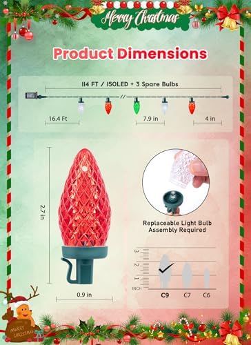 C9 Christmas Lights Outdoor, 114FT 150LED C9 String Lights, Timer & 8 Modes