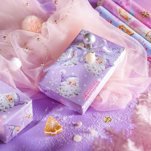WRAPAHOLIC 30 Inch Christmas Wrapping Paper Roll - Jumbo Roll Pastel Pink Purple Gingerbread House and Santa Claus Design with Embossed - 4 Rolls - 30 Inch x 120 Inch Per Roll