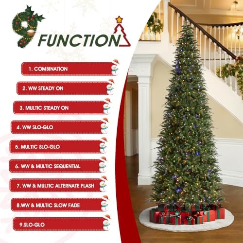 Glitzhome 11ft Prelit Artificial Christmas Tree, Radiant Evergreen Fir with 850 Warm White/Multi-Color LED Lights, Holiday Tree w/Easy Assembly, Metal Hinges & Foldable Base