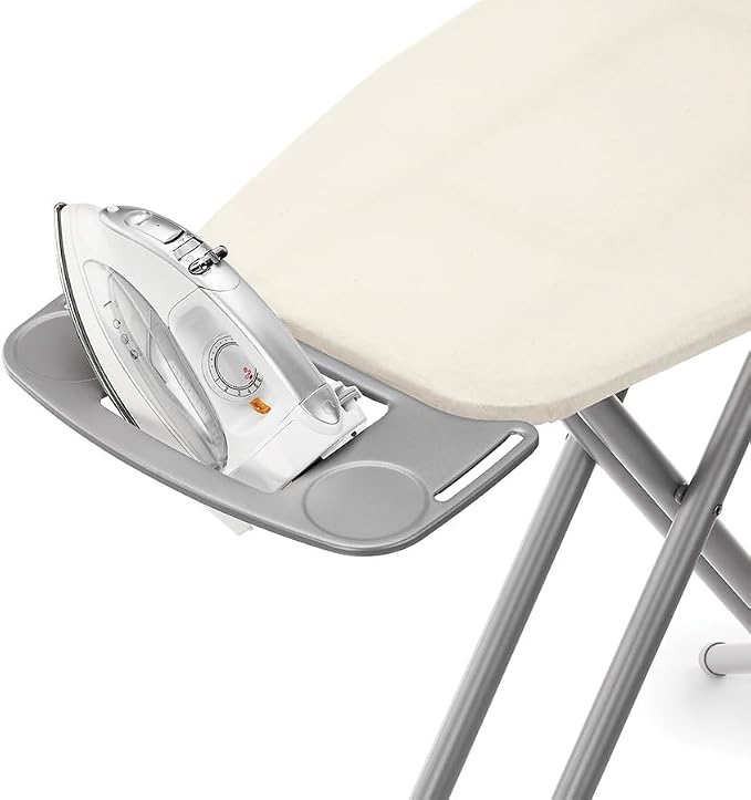 Whitmor Extra-Wide Ironing Board with Iron Rest, 18 x 48.5 in | Metal mesh top, 7mm foam pad, iron rest, 4-level height adjustment, safety lock, natural beige cover