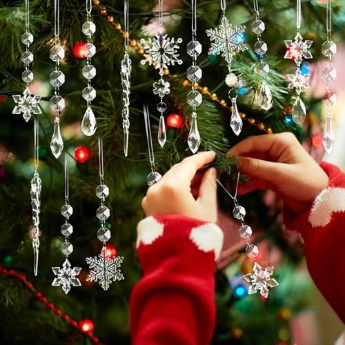 Crystal Christmas Tree Ornaments, Clear Acrylic Snowflake & Icicle, 48pcs