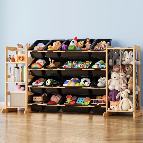 Toy Storage Organizer with Bookshelf and Stuffed Animal Storage - Kids Playroom Organization with 3 Shelves and 16 Toy Bins - Toddler Living Room Toy Box for Lego - Nursery Bedroom Decor Essential