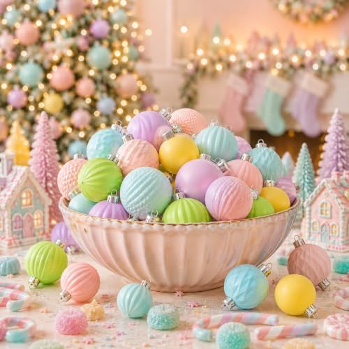 Lunmon 64 Pcs Pastel Christmas Ball Ornaments Macaron Candy Land Xmas Bulbs