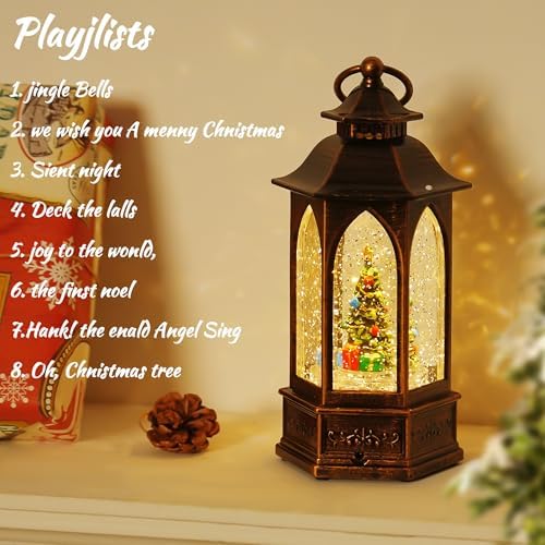 Christmas Snow Globe Lantern Water Glittering Christmas Tree Crown with Music, USB Lined/Battery Operated Lighted Lantern for Christmas Festival Decoration Gifts
