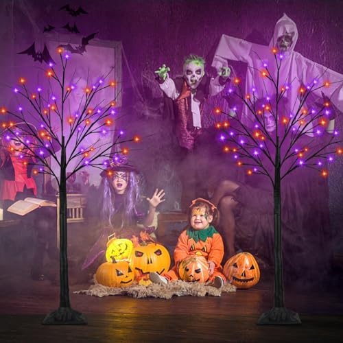 2 Pack 5FT Black Halloween Tree with 200 LED Orange and Purple Lights
