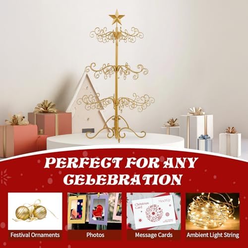 3ft Gold Wrought Iron Christmas Tree with Star Top, Metal Ornament Display Stand for Holiday Decor, Indoor Outdoor Party Decoration Tree