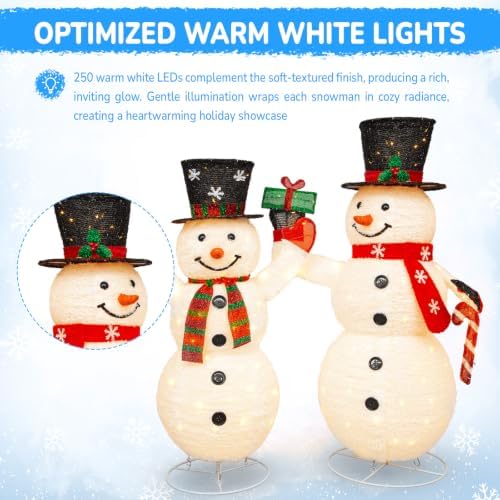 Hykolity 3.7 FT Collapsible Pop-Up 3D Lighted Snowman Family Set of 3, Outdoor Christmas Snowman Decorations with 250 Warm White LED Lights for Yard, Lawn and Porch