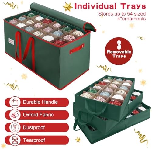 Large Christmas Ornament Storage Box Keeps 54 4" & 3 Individual Trays