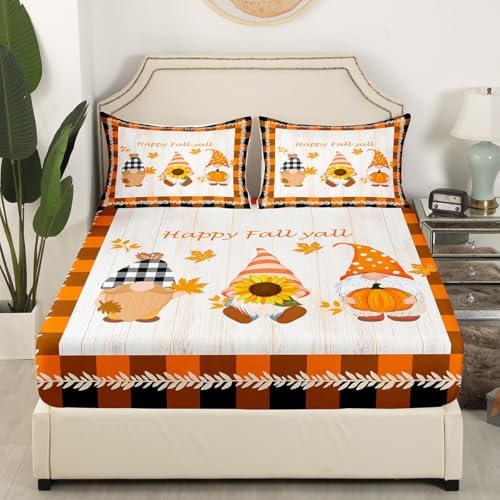 Castle Fairy Autumn Scenery Sheet Set Kids Boys Girls Orange Black Brown Grid Fitted Sheets Set Full Size Fall Pumpkin Bedding Sheet Sets Includes 1 Flat Sheet,1 Fitted Sheet,2 Pillowcases