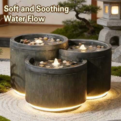 Sunlinua Small 3-Tier Outdoor Water Fountain with Smoothing Flow Black Gray