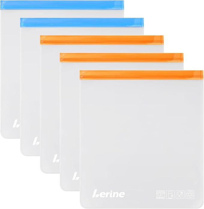 Lerine 5 Pack Reusable 2 Gallon Freezer Bags Dishwasher Safe | 13"x15.6" Large Capacity, BPA-Free, Food-Grade Material, Freezer Safe, Leakproof, Double-Seal, for Marinate Meats, Vegetables