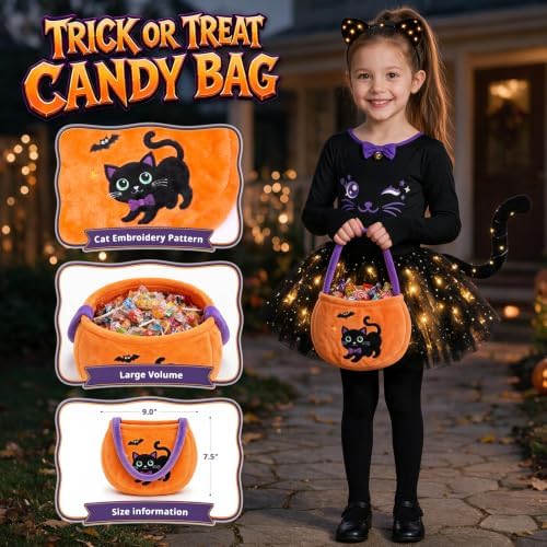 GIFTINBOX Halloween Black Cat Costume for Girls Kids, Light Up Outfit Set