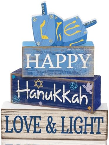 Lineshading 4 Pcs Hanukkah Table Decorations for Home, Wooden Dreidel Signs