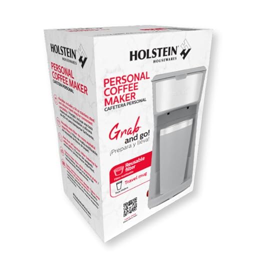 Holstein Housewares Personal Coffee Maker with 14oz Travel Mug – Compact One-Touch Brew Machine with Reusable Filter, Auto Shut-Off, Non-Stick Plate, Ideal for Home, Office, or Dorm. Grey