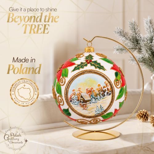 Hand Blown Glass Christmas Ornaments Ball, Wintry White 8 in + Stand