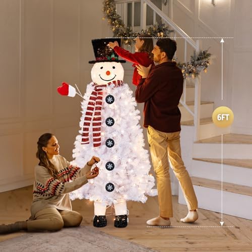 VINGLI 6ft Snowman Christmas Tree with 220 LED Lights, 708 Tips Artificial Xmas Tree, 10 Light Modes, Festive Indoor Christmas Decor for Holiday Party and Home Pre-Lit Design