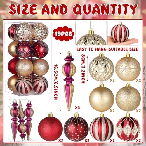 Soulchen 19 Pcs 3.15 Inches Red and Gold Luxury Christmas Tree Ornaments Set Plastic Shatterproof Burgundy Balls Finials Christmas Ornaments Hanging Tree Decorations Baubles for Xmas Holiday Decor