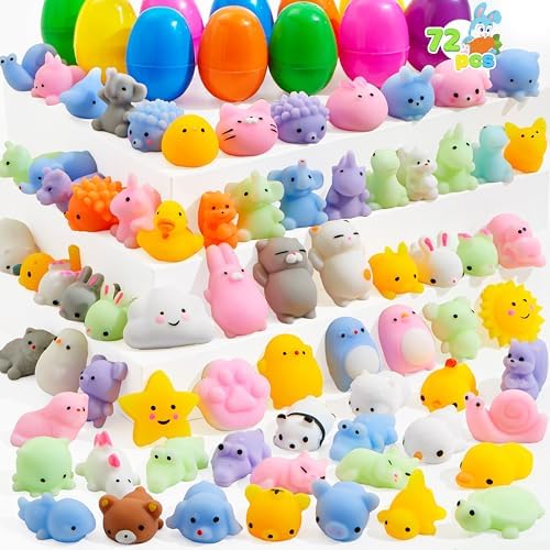 JOYIN 72 Pcs Easter Prefilled Eggs with Mochi Squishy Toys, Kawaii Stress Reliever Squishy Toy for Easter Egg Hunt, Kids Party Favor, Basket Stuffers, Goodie Bag Fillers, Classroom Prize Supplies