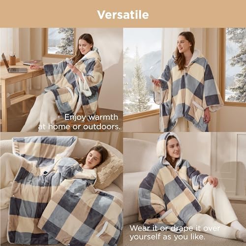 Bedsure Wearable Heated Blanket Hoodie Shawl, 55"x64", Beige Plaid Pattern