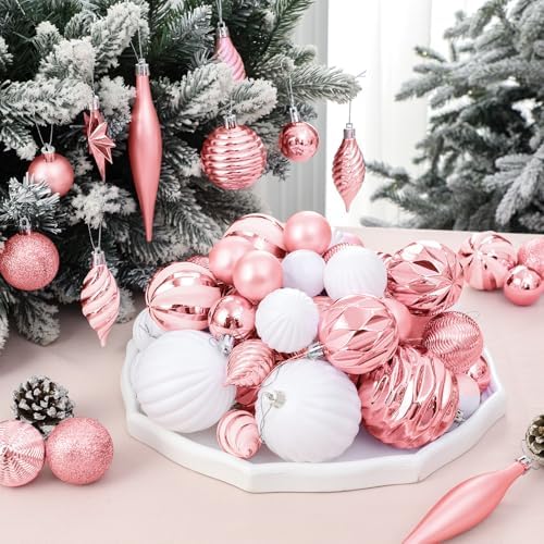 CroBlissful 118 Pcs Christmas Tree Ornaments Set Including Ornaments Balls, Mesh Ribbon,Hanging Snowflakes Icicle, Tree Top Star, Flower, Berries Stems for Xmas Trees Holiday Decor(Pink)