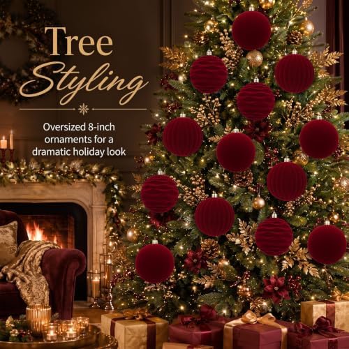 Hollowfly 6 pcs 4 Inch Burgundy Red Large Velvet Christmas Balls Ornaments