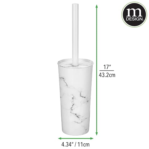 mDesign Metal Freestanding Slim Toilet Bowl Brush and Holder + Rectangle Narrow 5 Liter / 1.3 Gallon Step Pedal Trash Can Wastebasket for Bathroom - Small, Compact Design - Set of 2 - White Marble