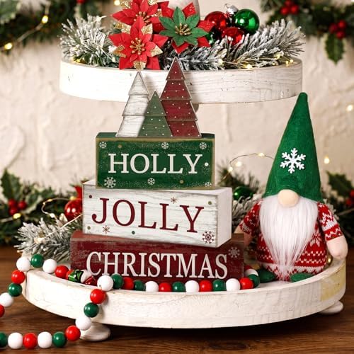 Moucuny 4 Pcs Christmas Table Decor, Jolly Christmas Tree Wooden Signs
