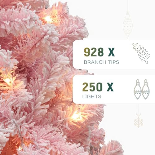 YITAHOME 6FT Prelit Pink Flocked Christmas Tree with Warm-White Lights