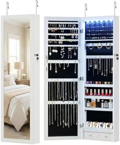 DUMOS 6 LEDs Mirror Jewelry Cabinet, Wall or Door Mounted Jewelry Organizer, 47.2-Inch Tall Lockable Large Capacity Cosmetic Storage, Gift Idea, White