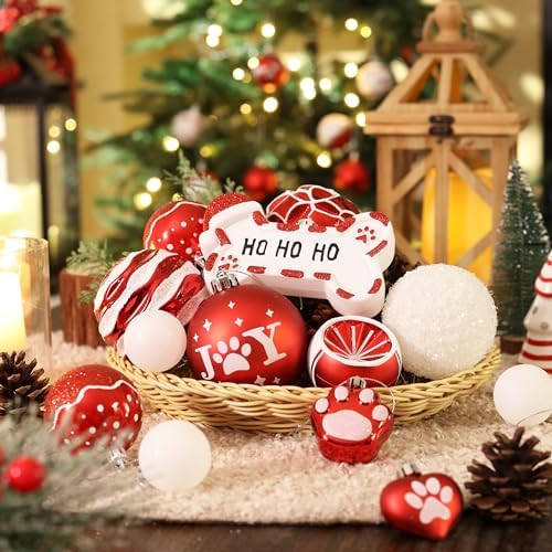 DecobyHannah 60ct Red White Christmas Ornaments Set for Tree Decorations